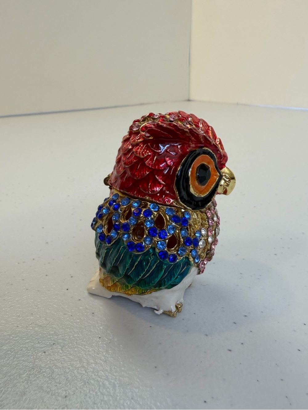 Cloisonné Owl Trinket Box Hinged Jewelry Ring Holder Rhinestone Necklace Red - Picture 3 of 8